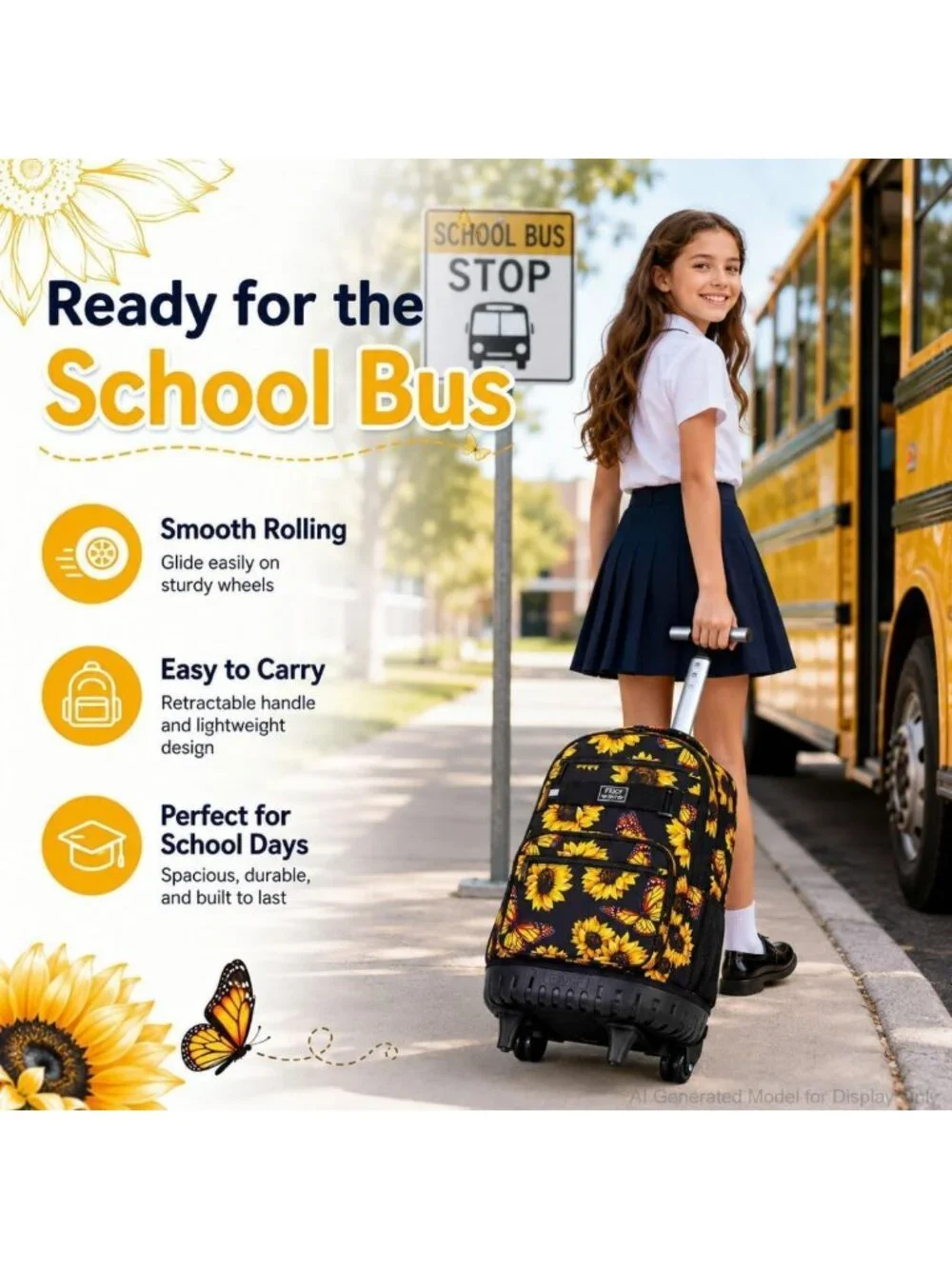 3-Piece Sunflower Rolling Backpack Set for Girls & Women - Wheeled Bookbag with